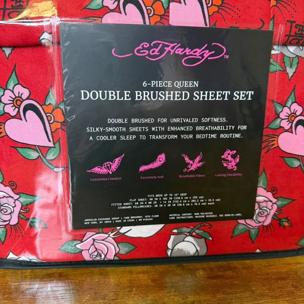 New Ed Hardy Queen 6 Pc Double Brushed Sheet Set Red Pink Roses Bedding Heart